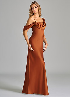 Azazie Celina Bridesmaid Dresses Cinnamon Sheath Off the Shoulder Stretch Satin Dress image4