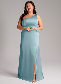 Azazie Phaedra Bridesmaid Dresses Moody Blue A-Line One Shoulder Stretch Satin Dress image13