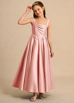 Azazie Mochi Girl Jurken voor bloemenmeisjes Baljurk Jurk van Mat Satijn Geplooid Rozet image6