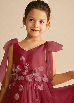 Azazie Minia Flower Girl Dresses Pomegranate A-Line Bow Matte Satin Dress image4