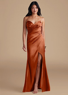 Azazie Yola Bridesmaid Dresses Auburn Sheath Pleated Metallic Satin Dress image1