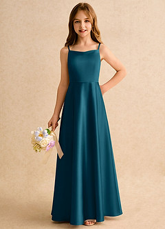Azazie Joella Girls Formal vestidos de niña de las flores Vestido de Azul Tinta de Satén Elástico de Corte en A con Plisado image3