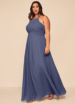Azazie Ginger Robes de demoiselle d'honneur Robe Trapèze en Mousseline de soie Dos nu plissé Bleu Orageux image9