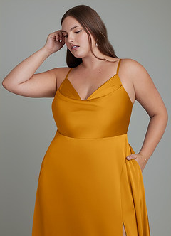 Azazie Sarella Bridesmaid Dresses Butterscotch A-Line Pleated Stretch Satin Dress image9