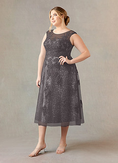Azazie Flynn Mother of the Bride Dresses Steel Grey A-Line Boatneck Lace Tulle Dress image8
