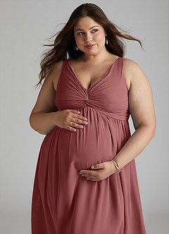 Azazie Yetta Maternity Bridesmaid Dresses A-Line V-Neck Gathered Chiffon Floor-Length Dress image8
