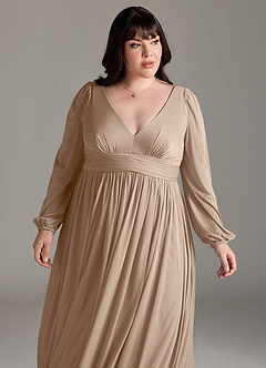 Azazie Norah Brautjungfernkleider A-Linie Lange Ärmel mit V-Ausschnitt Chiffon Kleid Taupe image12