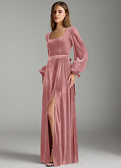 Azazie Leonia Bridesmaid Dresses Dusty Rose A-Line Long Sleeve Velvet Dress image5