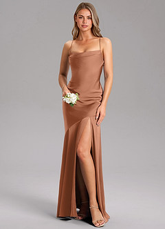 Azazie Grata Bridesmaid Dresses Bronzer Sheath Side Slit Stretch Satin Dress image1