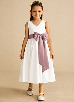 Azazie Darling Flower Girl Dresses Ivory Dusty Rose A-Line Bow Cotton Dress image4