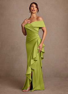 Azazie Kirsty Mother of the Bride Dresses Lemongrass Sheath Off the Shoulder Stretch Satin Dress image3