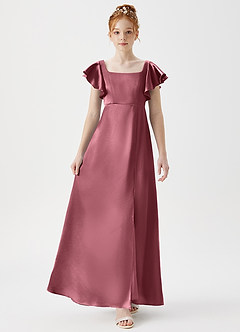 Azazie Bondi Junior Desert Rose A-Line Side Slit Metallic Satin Dress image4