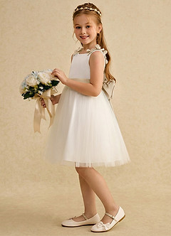 Azazie Lona Jurken voor bloemenmeisjes A-Lijn Jurk van Mat Satijn Boog Ivoor Champagne image4