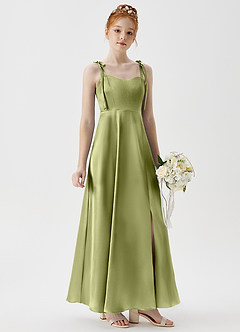 Azazie Rosey Junior A-Linie Herzausschnitt Metallischer Satin Kleid Pistazie image4