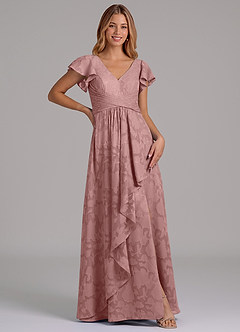 Azazie Omari 신부 들러리 드레스 A라인 주름진 플로럴 번아웃 바닥 길이 드레스 image1