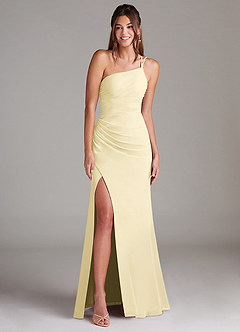 Azazie Eren Vestidos de damas de honor Vestido de Sorbete De Limón de Gasa de Corte Recto con Hombro unilateral image3