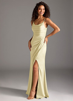 Azazie Deandra Bridesmaid Dresses Lemon Sorbet Mermaid Pleated Stretch Satin Dress image1