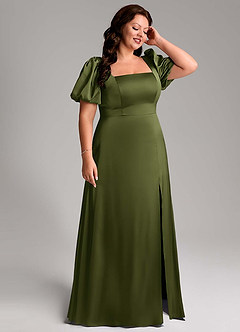 Azazie Fyona Bridesmaid Dresses Olive A-Line Pleated Stretch Satin Dress image13