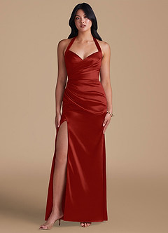 Azazie Emeria Bridesmaid Dresses Rust Sheath Side Slit Metallic Satin Dress image5