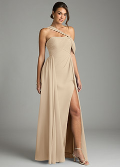 Azazie Kassandra 신부 들러리 드레스 A라인 오프 더 숄더 쉬폰 바닥 길이 드레스 image5