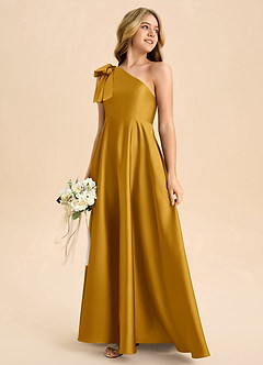 Azazie Penguin Junior Abito A-Line in Raso Elasticizzato Fiocco Caramello image6