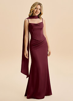 Azazie Sorrel Junior Cabernet Mermaid Ruched Stretch Satin Dress image3