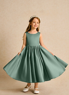 Azazie Doodlebug vestidos de niña de las flores Vestido de Eucalipto de Satin Mate de Corte En A con Lazo image4