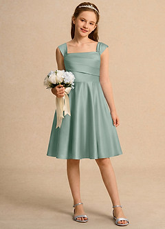 Azazie Budle Girls Formal Flower Girl Dresses Silver Sage A-Line Pleated Matte Satin Dress image1