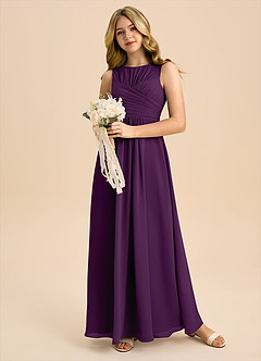 Azazie Skyla Junior A라인 주름진 쉬폰 플로어 길이 주니어 신부 들러리 드레스 image5