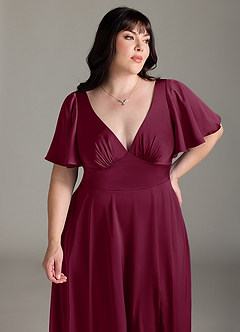 Azazie Kimber Bridesmaid Dresses Mulberry A-Line Ruched Stretch Satin Dress image11