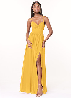 Azazie Zeya Bridesmaid Dresses Marigold A-Line V-Neck Pleated Chiffon Dress image1