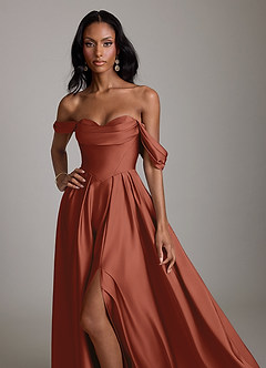 Azazie Loisa Brudtärnklänningar Klä av A-Linje i Stretch Satin Av axeln Kastanjebrunt image5