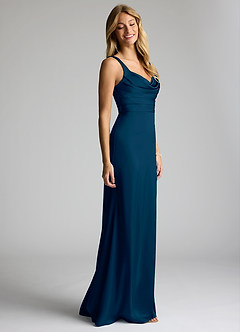 Azazie Elida Bridesmaid Dresses Dark Navy Sheath Pleated Stretch Satin Dress image3