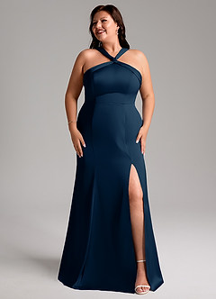 Azazie Rue Vestidos de damas de honor Vestido de Azul Marino Oscuro de Satén Elástico de Corte en A con Plisado image10