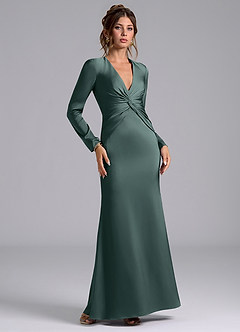 Azazie Tria Final Sale Agave Mermaid Long Sleeve Stretch Satin Dress image1