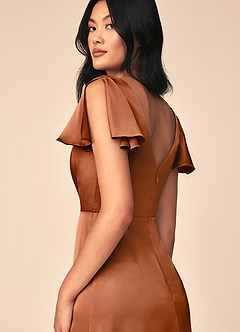 Azazie Soren Bridesmaid Dresses Copper A-Line Pleated Stretch Satin Dress image5