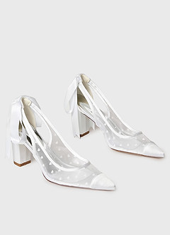 front Tulle Bow Slingback Block Heel Wedding Shoes