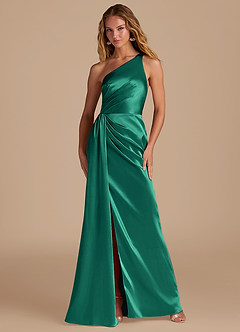 Azazie Mika Brautjungfernkleider Etui One-Shoulder Metallischer Satin Kleid Smaragd image1