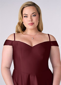 Barbie ♥ Azazie Robes de demoiselle d'honneur Robe Trapèze Convertible en Satin extensible Épaule décolletée Cabernet image7