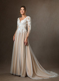 Azazie Essy Wedding Dresses Diamond White Nude A-Line V-Neck Sequins Tulle Dress image1