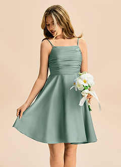 Azazie Miko Junior Silver Sage A-Line Pleated Stretch Satin Dress image4