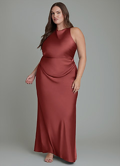 Azazie Evadne Bridesmaid Dresses Terracotta Sheath Pleated Stretch Satin Dress image12