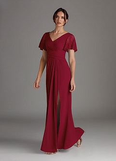 Azazie Jannie Abiti per la Madre della Sposa Abito A-Line in Chiffon Elasticizzato con Scollo a V in Pizzo Burgundy image2