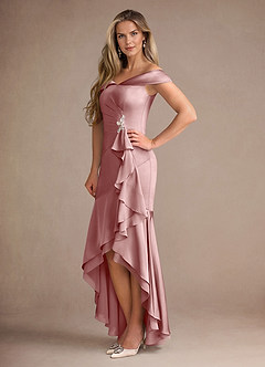 Azazie Billings Mother of the Bride Dresses Dusty Rose Mermaid Off the Shoulder Stretch Satin Dress image2