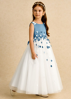 Azazie Eleni Flower Girl Dresses Ivory Steel Blue Ball-Gown Bow Tulle Dress image6