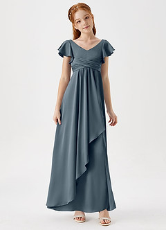 Azazie Omari Junior Twilight A-Line Pleated Stretch Satin Dress image3