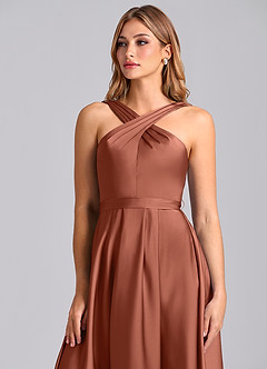 Azazie Dixie 신부 들러리 드레스 A라인 주름진 스트레치 새틴 바닥 길이 드레스 image6