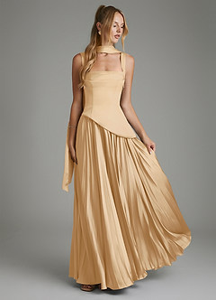 Azazie Stephanie Bridesmaid Dresses Gold A-Line Corset Stretch Satin Dress image7