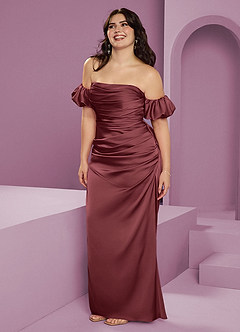Barbie ♥ Azazie Bridesmaid Dresses Merlot Sheath Off the Shoulder Stretch Satin Convertible Dress image14