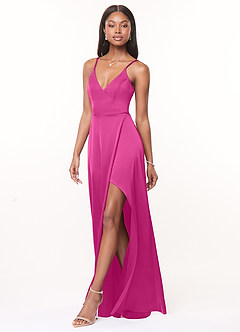 Azazie Maksim Bridesmaid Dresses Fuchsia A-Line V-Neck Stretch Satin Dress image4